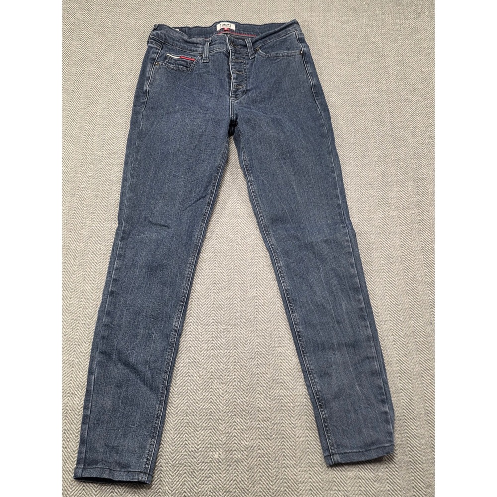 Tommy Jeans Nora Mid Rise Skinny Jean Button Fly Lemon Dark Blue Stretch W27 L32